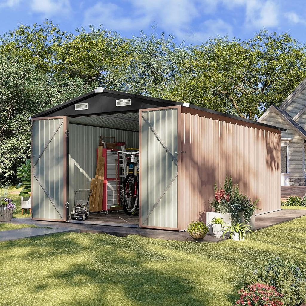 Aoxun 12x10 FT Shed Metal Outdoor Waterproof Storage Shed Steel Utility Garden Tool Shed wourant