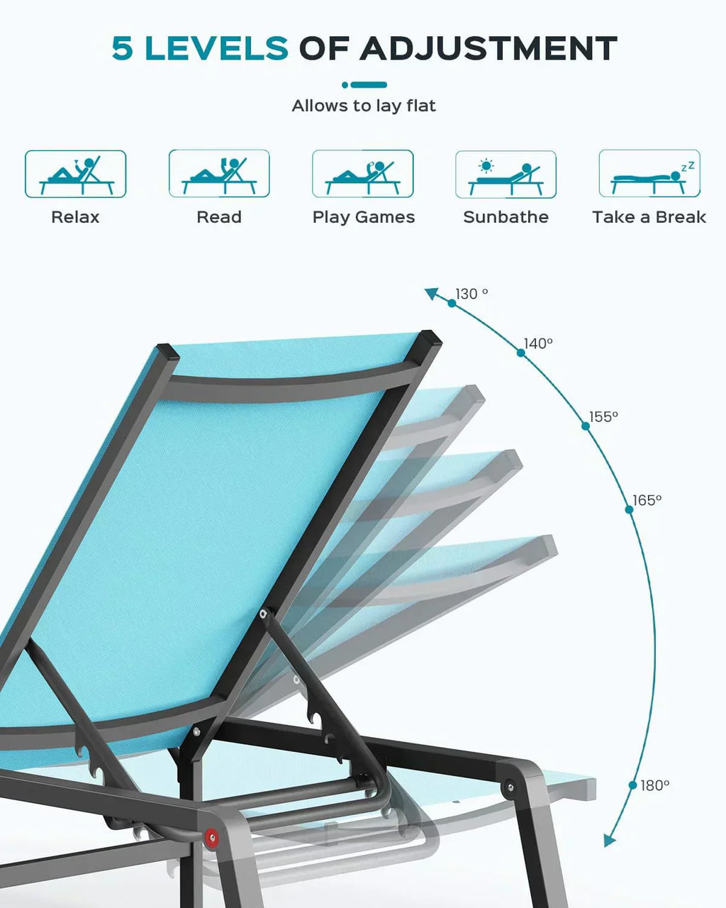 Aluminum Chaise Lounge Outdoor Foldable Assemble Free Outdoor Lounge Chair 5 Adjustable Backrest wourant