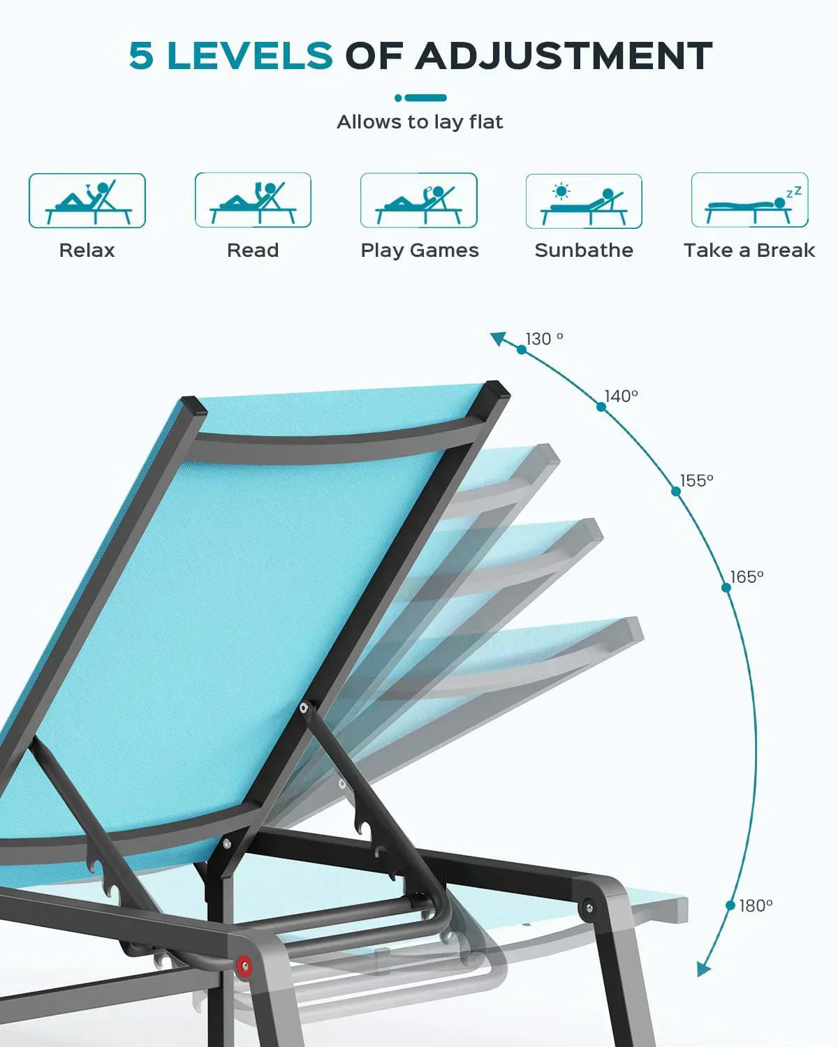 Aluminum Chaise Lounge Outdoor Foldable Assemble Free Outdoor Lounge Chair 5 Adjustable Backrest wourant