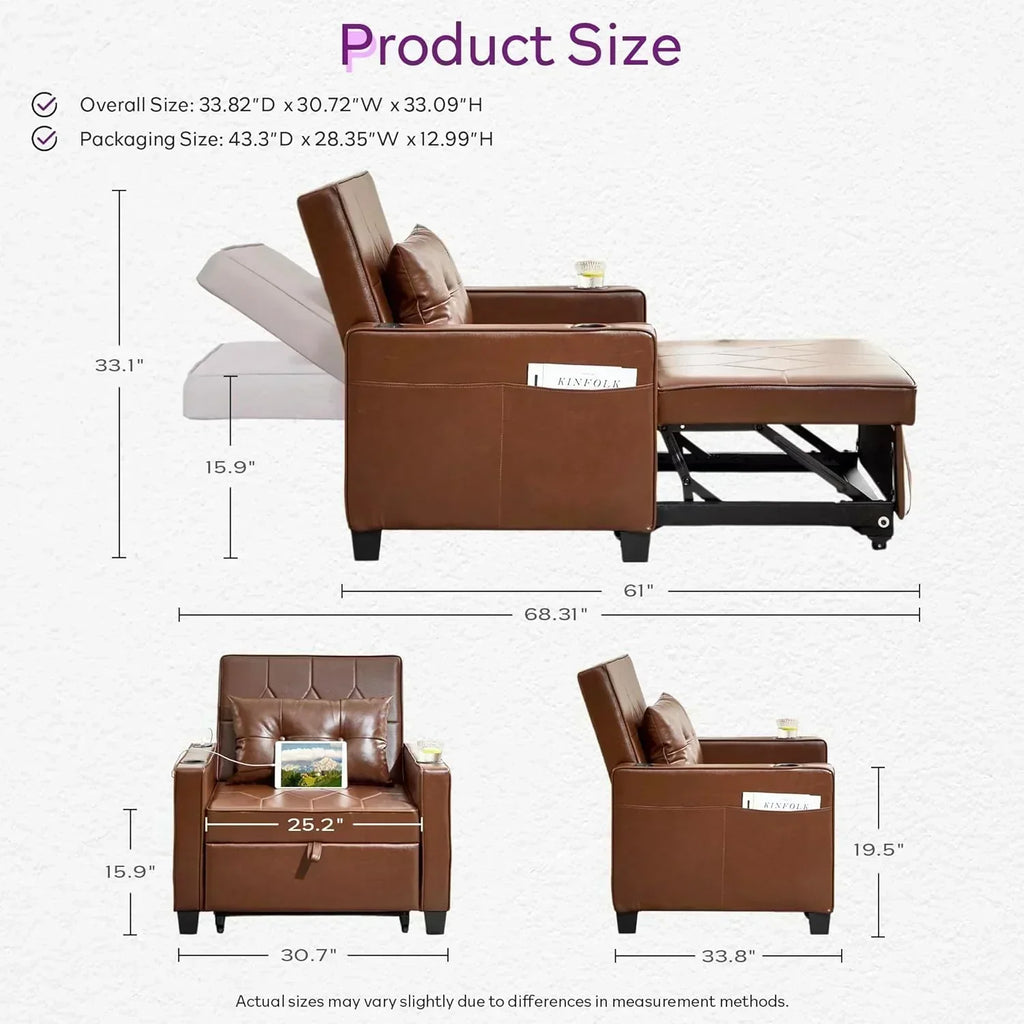 Adult Convertible Sleeper Chair Bed 3-in-1 Pull-Out Sofa Bed with USB/Type-C Ports Cup Holders wourant