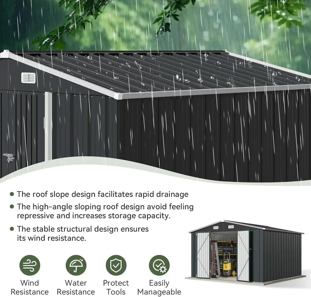 Aoxun 12x10 FT Shed Metal Outdoor Waterproof Storage Shed Steel Utility Garden Tool Shed wourant