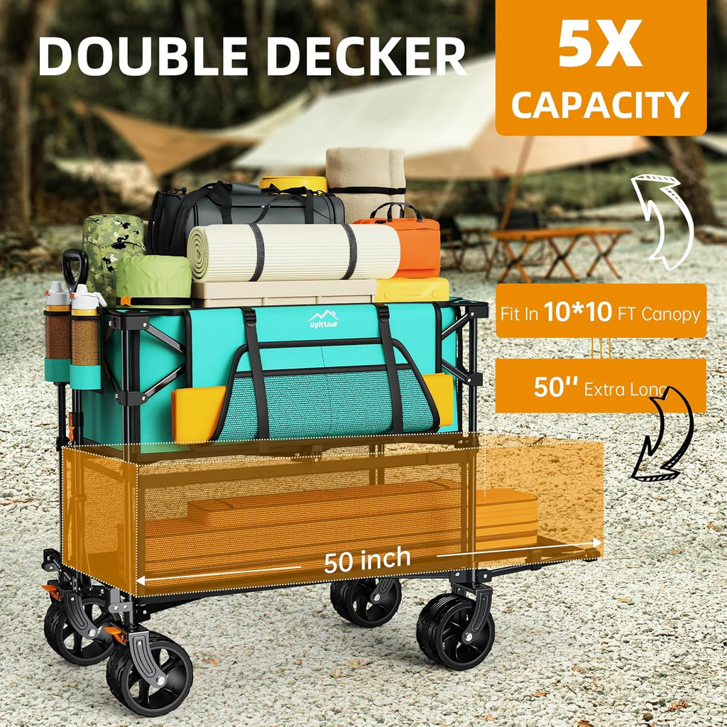 Foldable 50''L Extra Long Double Decker Wagon for Sport 400L Collapsible Heavy Duty Wagon Cart wourant