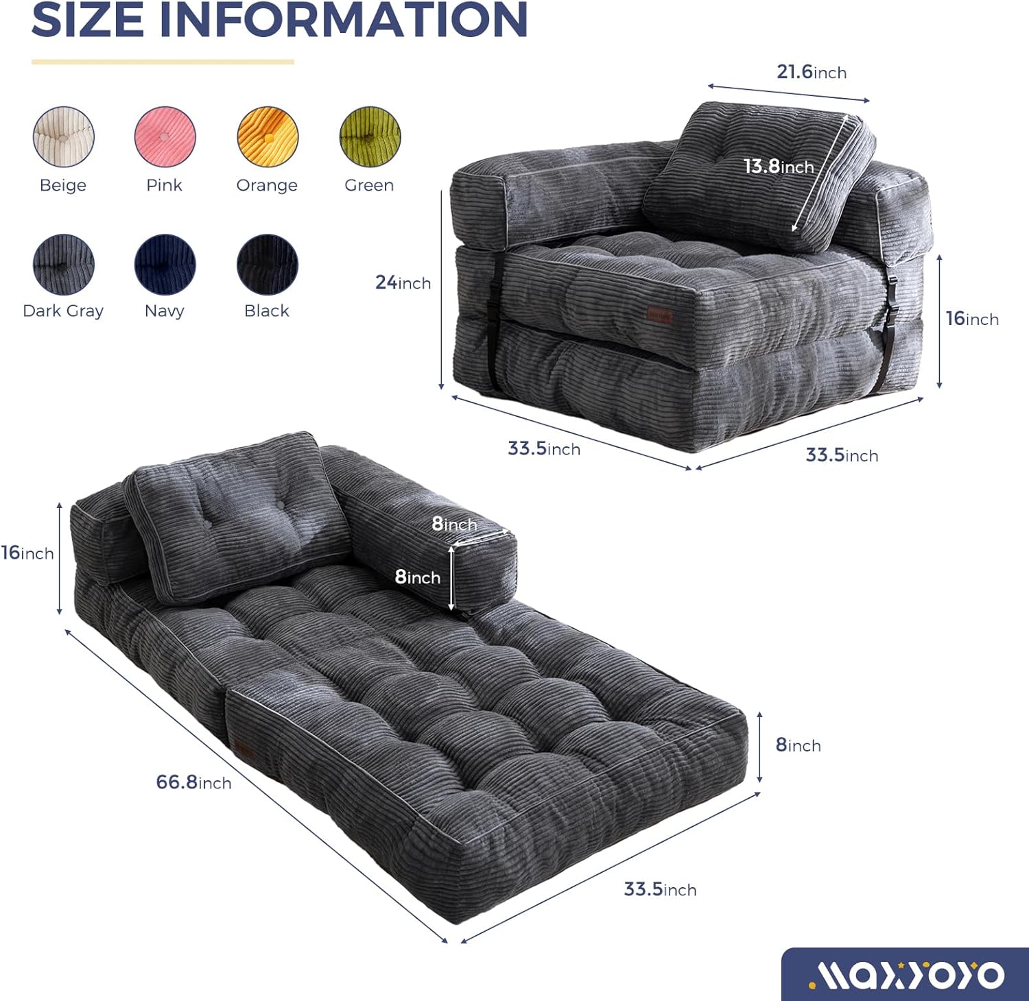 Folding Sofa Bed L-Shaped Convertible Sofa Bed with Armrests and Pillows wourant