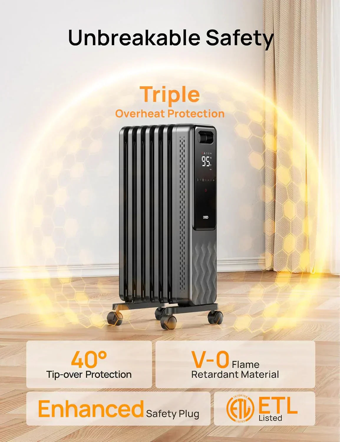 Indoor electric radiant heater with overheat and tip-over protection digital thermostat wourant