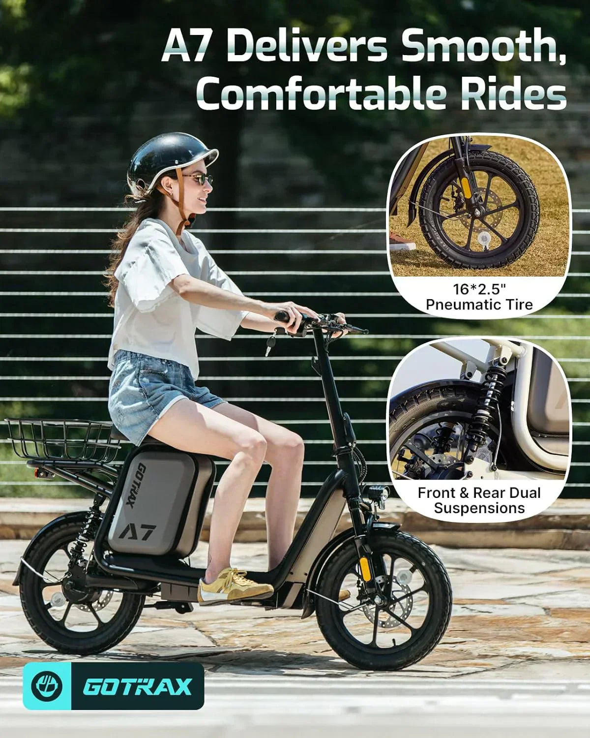 Gotrax adult electric scooter with seat maximum range of 19-25 miles all-terrain tires wide pedals wourant