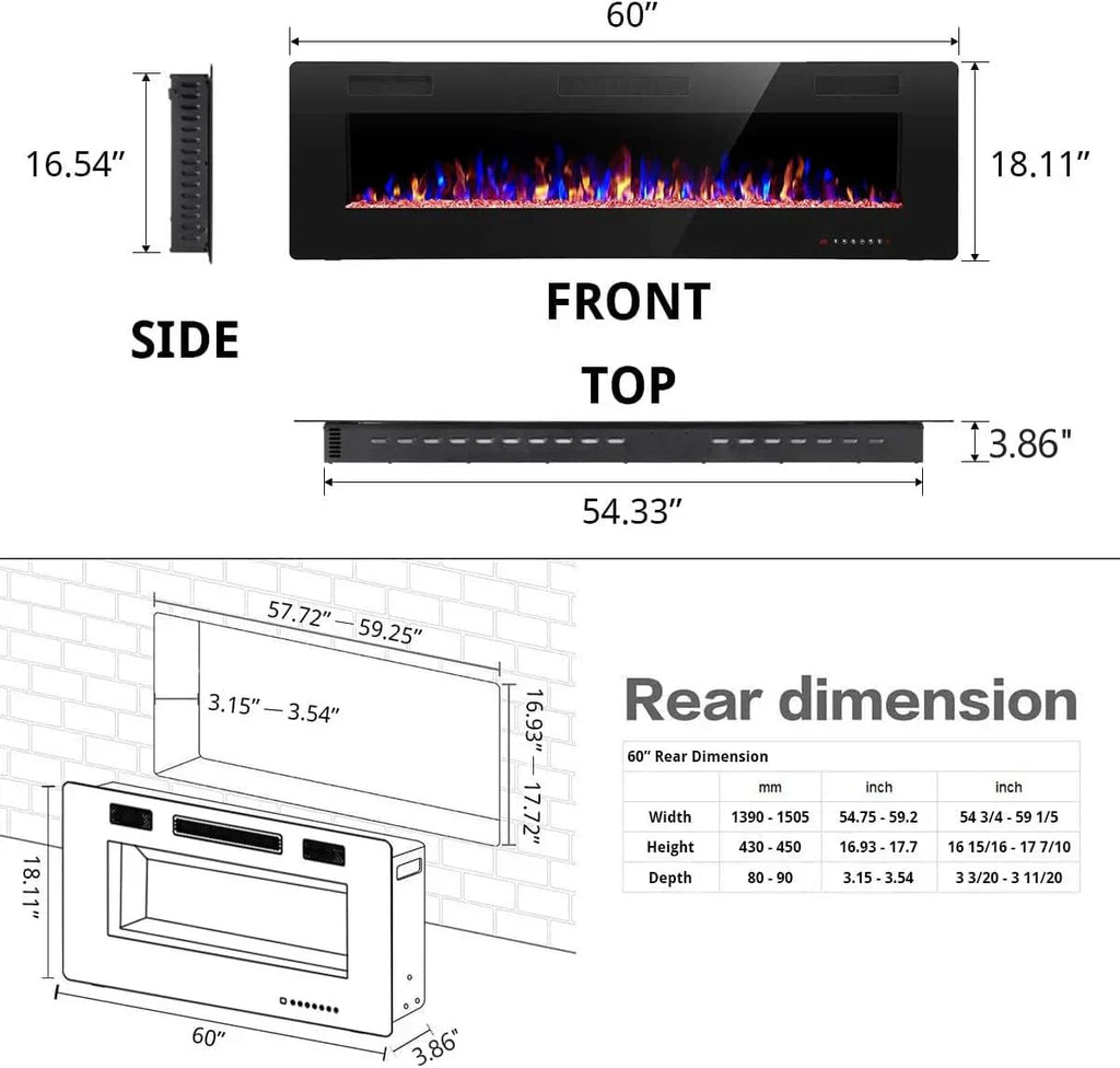 R.W.FLAME 60" Recessed and Wall Mounted Electric Fireplace Low Noise Fit for 2 x 6 Stud wourant