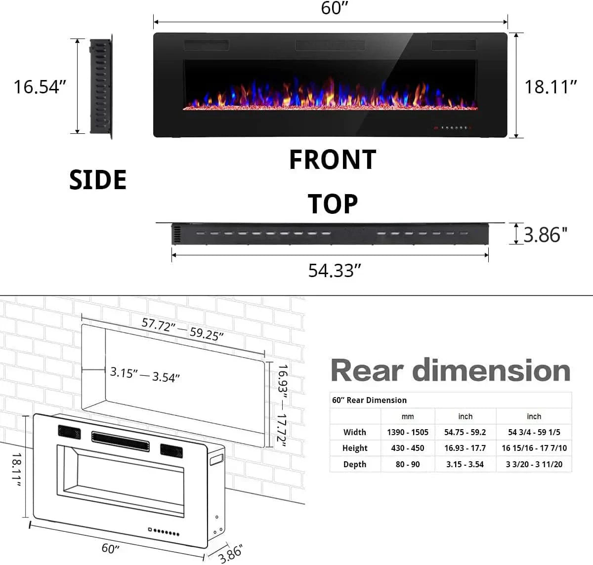 R.W.FLAME 60" Recessed and Wall Mounted Electric Fireplace Low Noise Fit for 2 x 6 Stud wourant