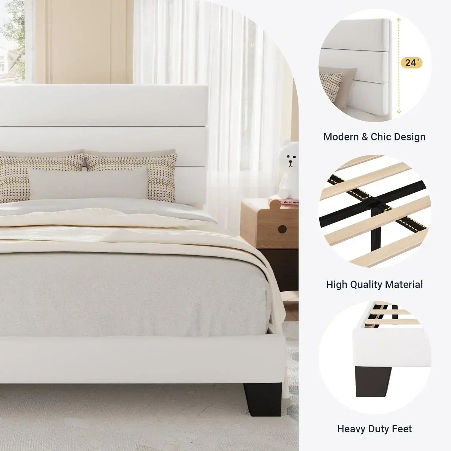 Allewie King size platform bed frame with velvet upholstered headboard and planks wourant