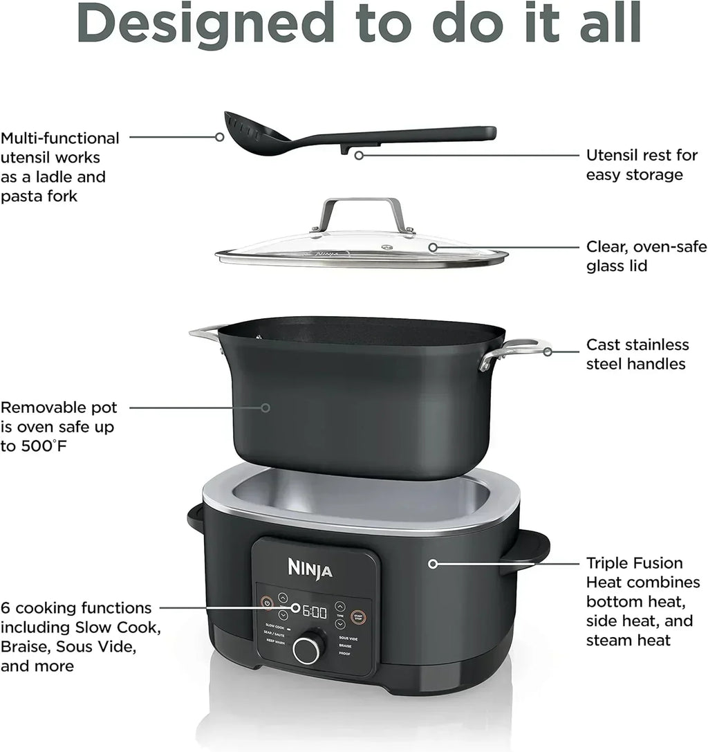 Ninja Slow Cooker 8.5 Quart Multi Cooker with Dutch oven steamer glass lid with integrated spoon wourant
