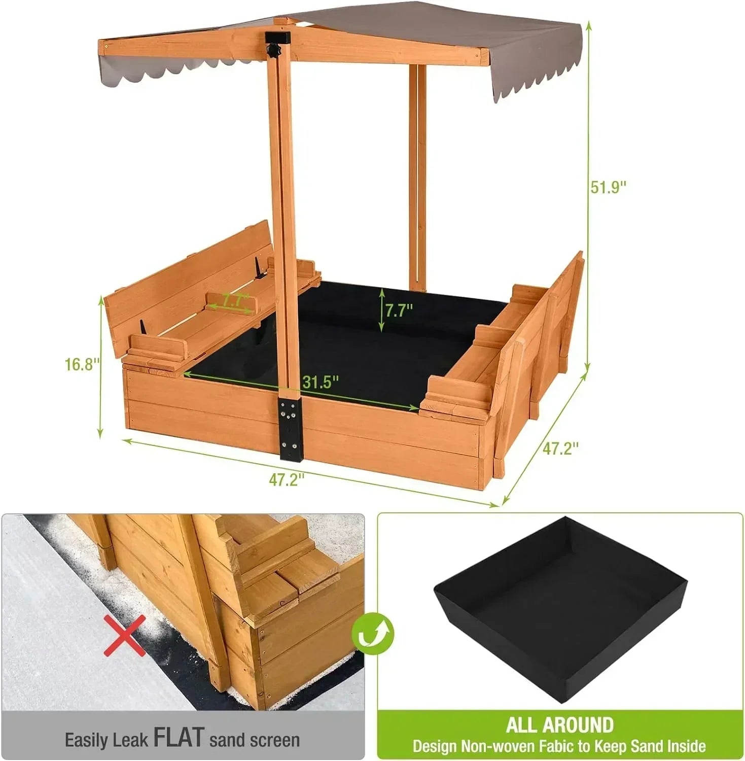 Kids Wooden Outdoor Sandbox Canopy 2 Foldable Bench Seats Retractable Roof Sand Protection Liner wourant