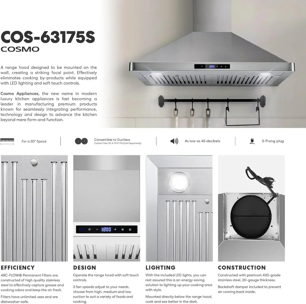 COSMO 30" Vista Series 380 CFM Ducted Wall-Mount Range Hood wourant