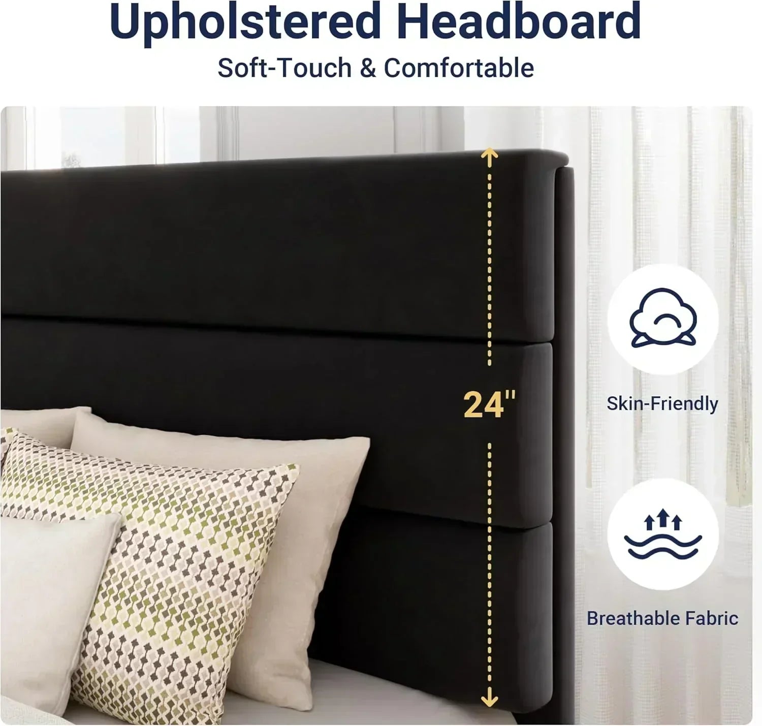 Allewie King size platform bed frame with velvet upholstered headboard and planks wourant