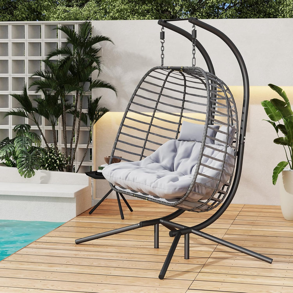 HWB Hanging Egg Chair with Stand Patio Wicker Hammock Egg Swing Chair Cushion for Bedroom wourant