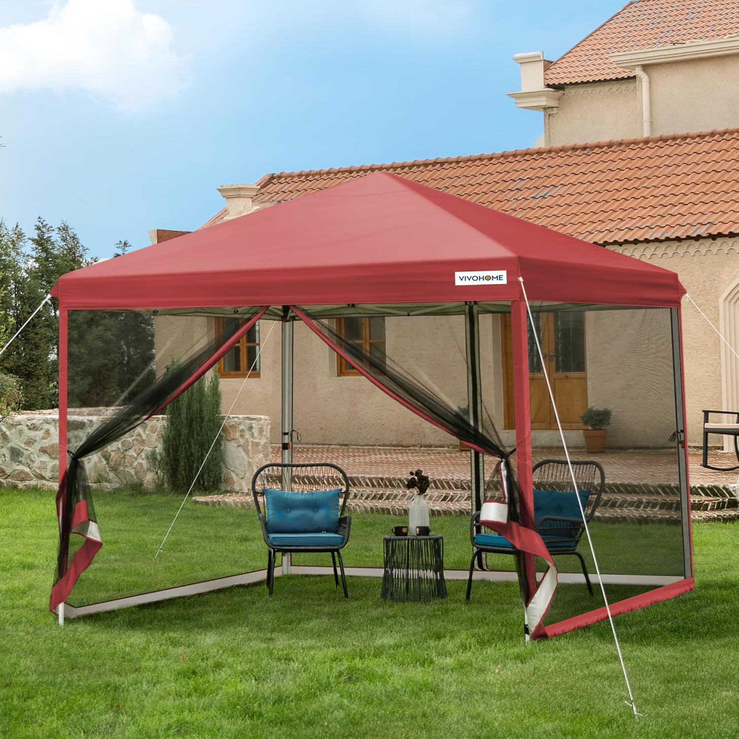 10x10ft Easy Pop-Up Canopy Outdoor Screen Tent with Mosquito Netting 2 Zipper Doors Roller Bag wourant