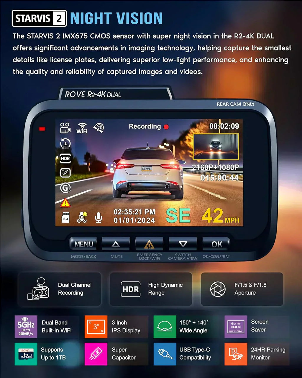 Driving recorder dual instrument cam front and rear Starvis 2 sensor free 128GB card 5G WiFi wourant