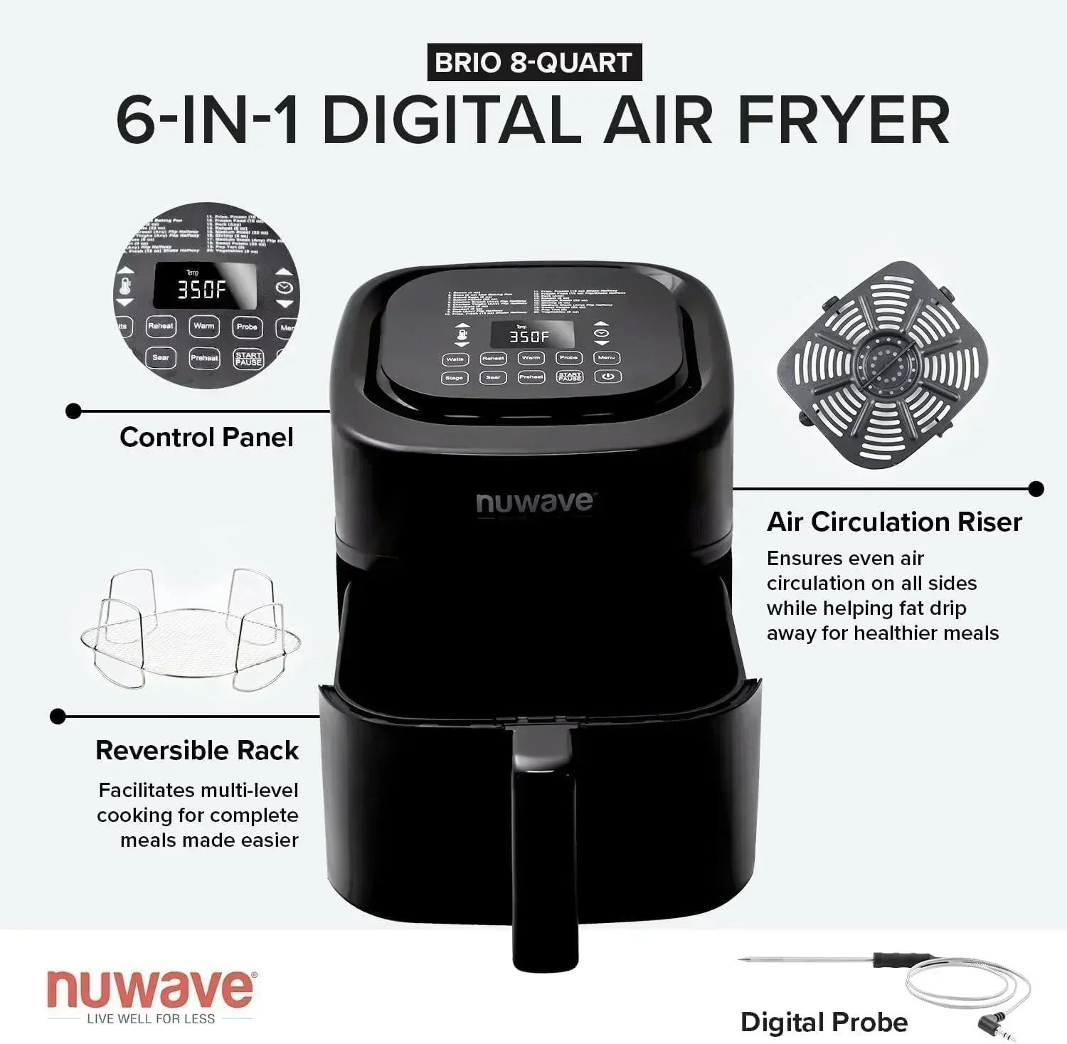 Nuwave Brio 15.5Qt Air Fryer Oven quickly reheats bakes and dehydrates food wourant