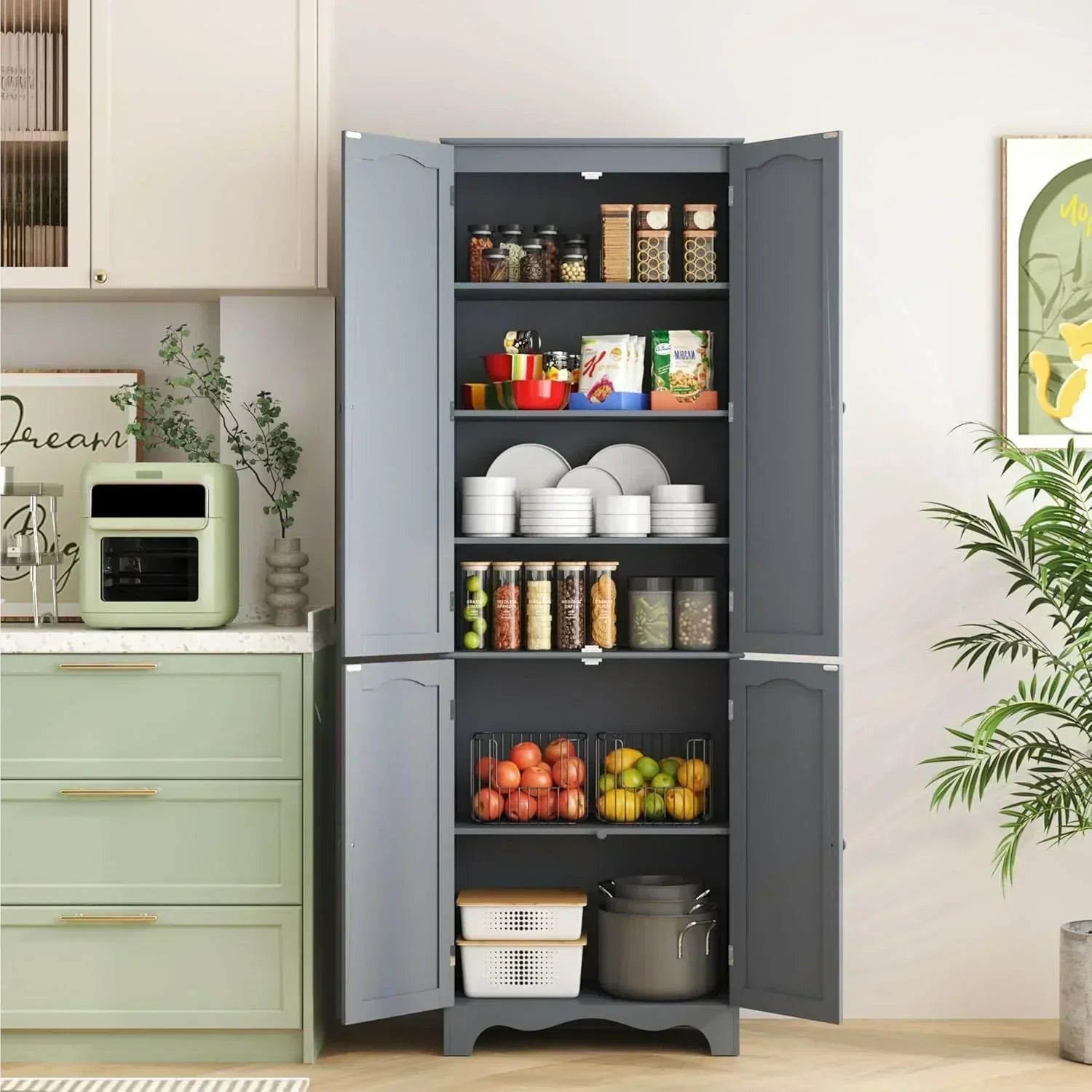 Tall Pantry Cabinet Freestanding Storage Cabinet Wooden Kitchen Pantry with 4 Doors wourant