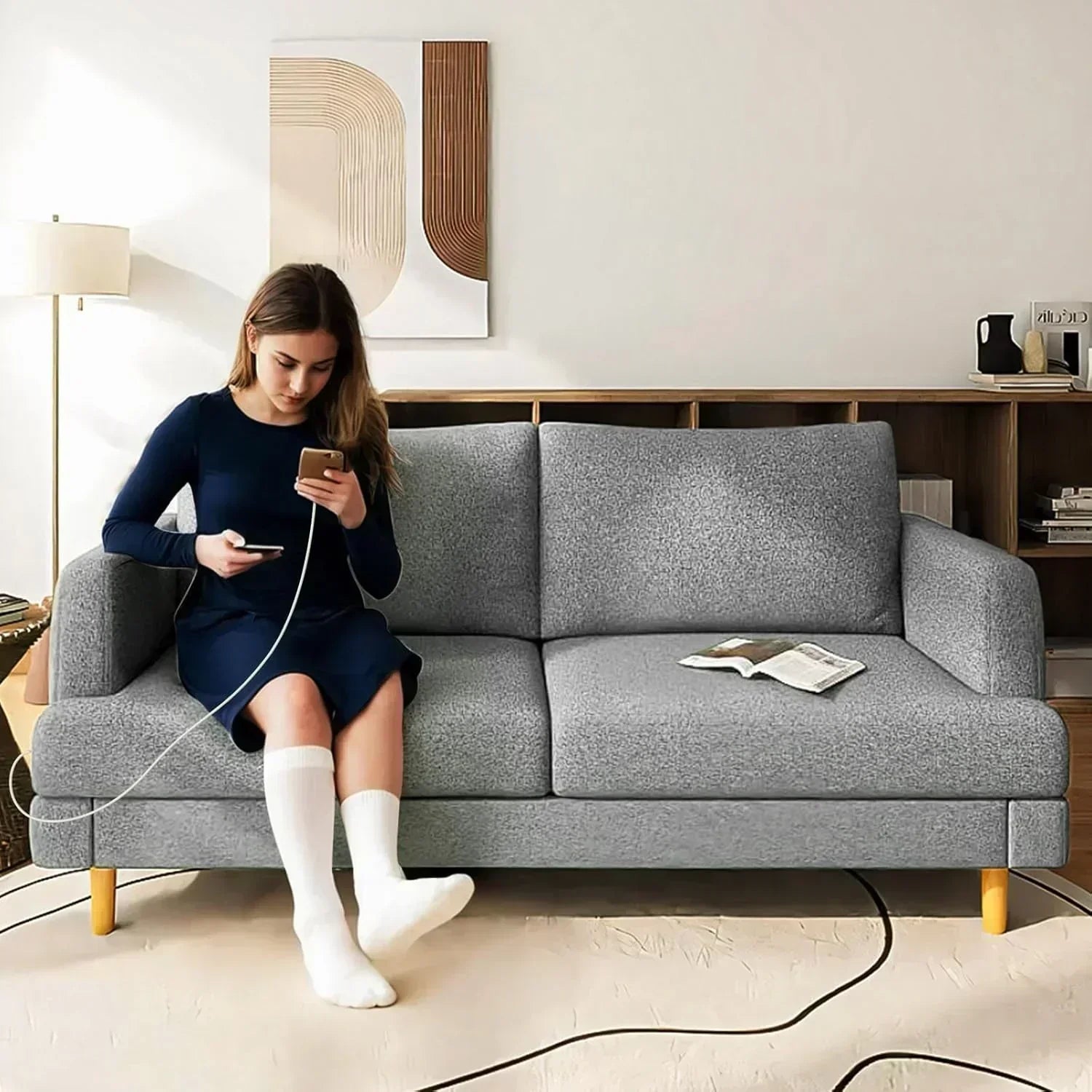 Loveseat Sofa Couch for Living Room with USB Type C Ports Dark Gray Upholstered Small Couches wourant