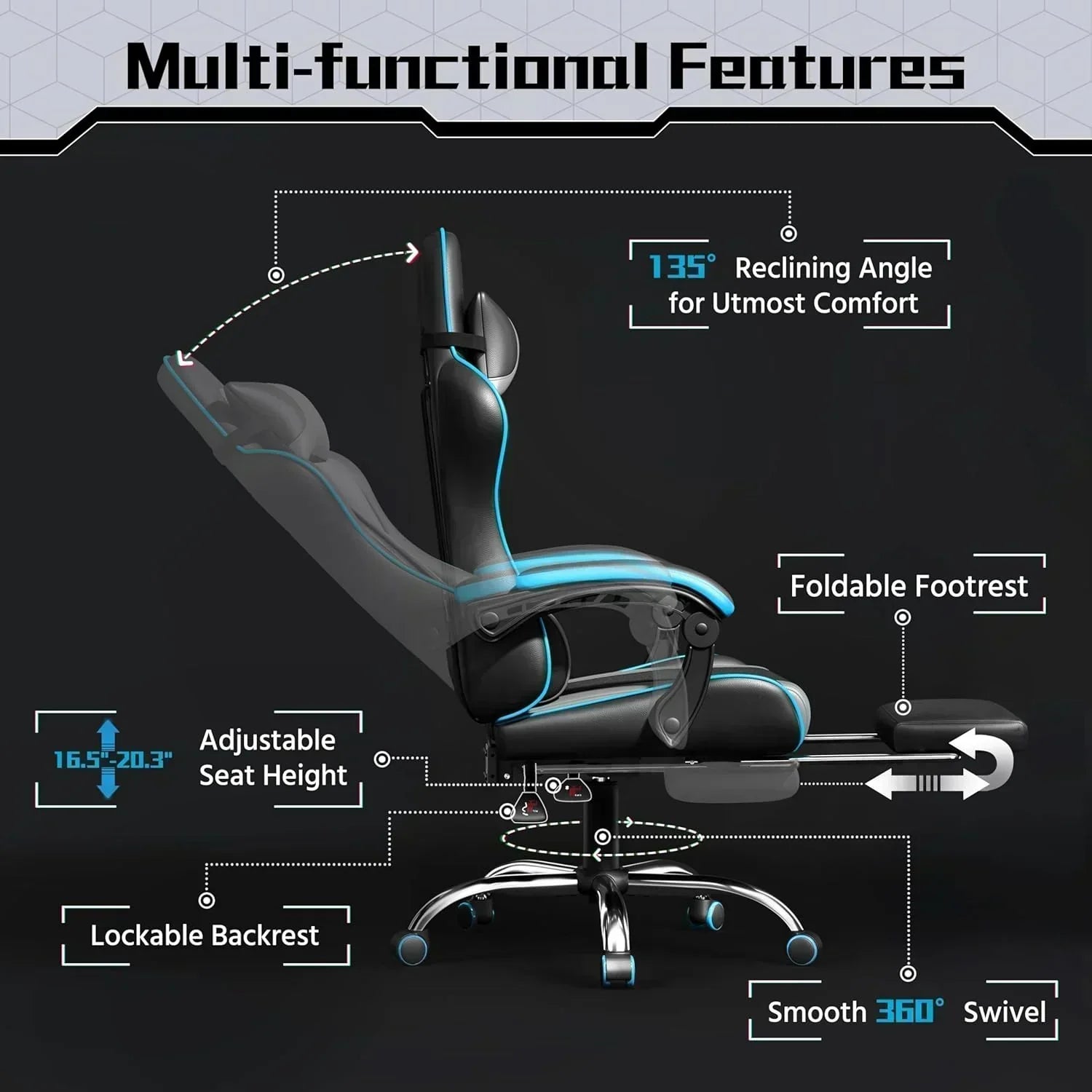 Gaming Chair with Massage Lumbar Support and Footrest Height Office Gaming Chair wourant