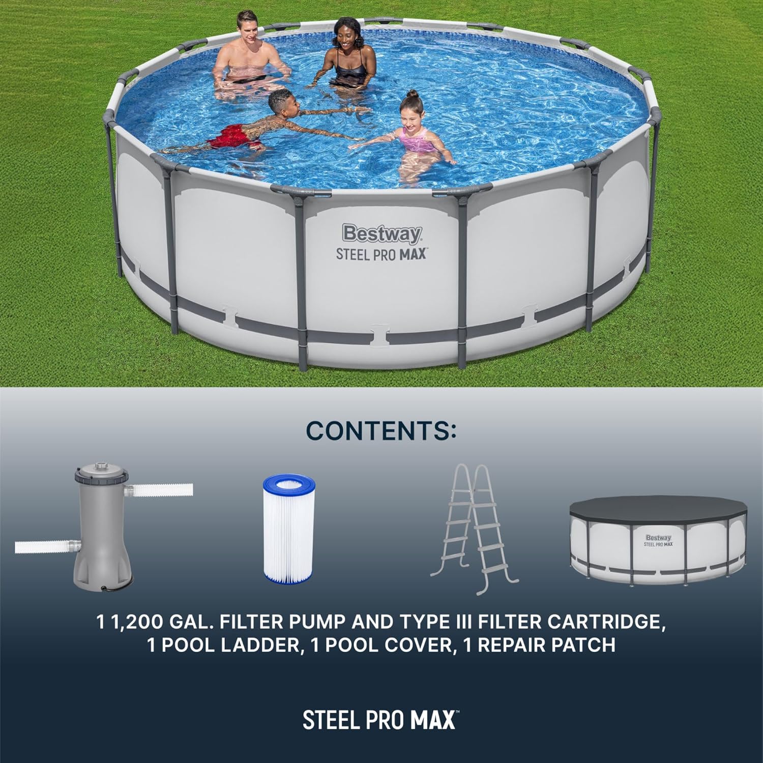 Steel Pro MAX 14 Foot x 48 Inch Round Metal Frame Above Ground Outdoor Swimming Pool Set wourant