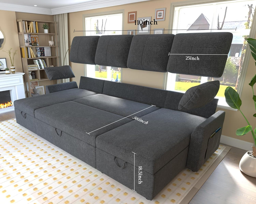 VanAcc Sofa Bed Sleeper Sofa with Storage Chaise 2 in 1 Pull Out Couch Living Room wourant