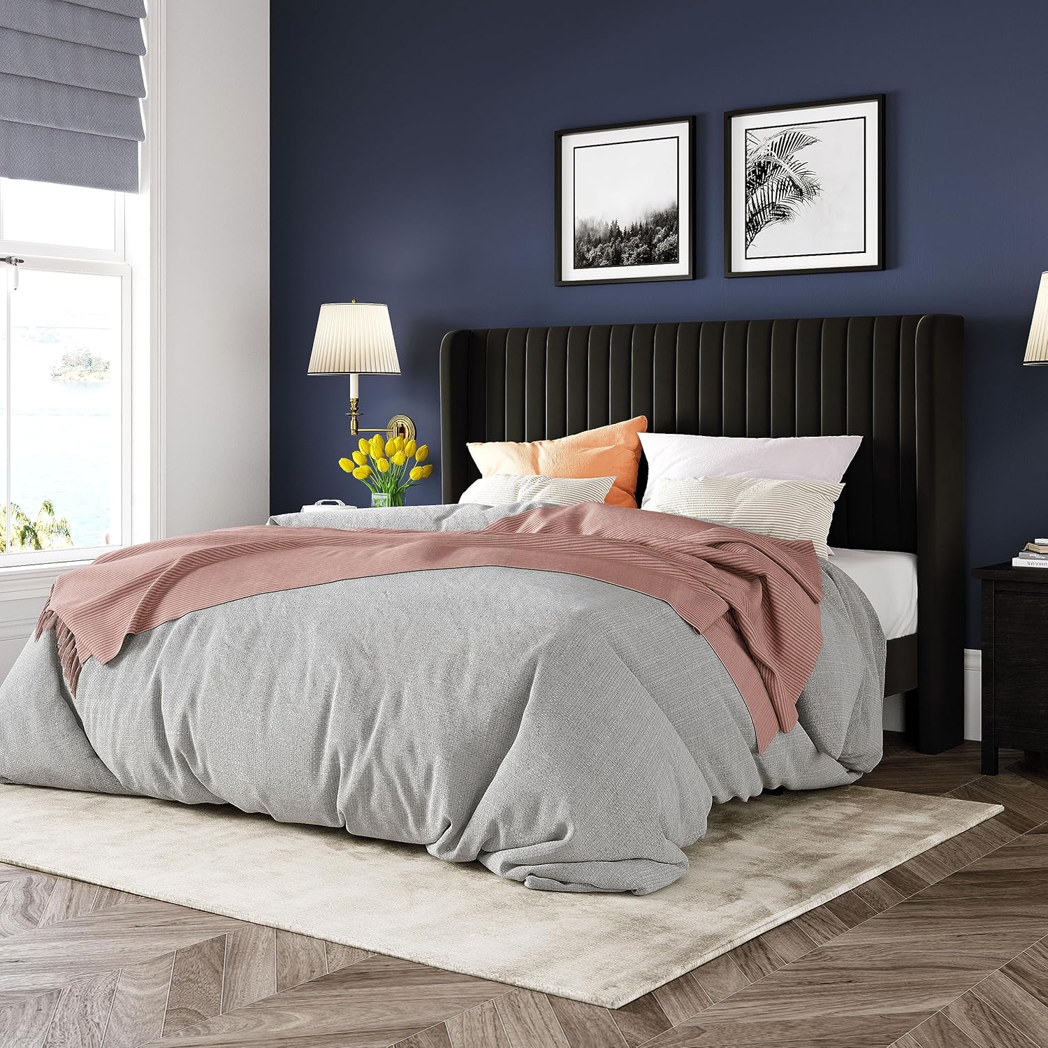 Allewie Full Size Velvet Bed Frame Vertical Channel Tufted Wingback Headboard Upholstered Bed wourant