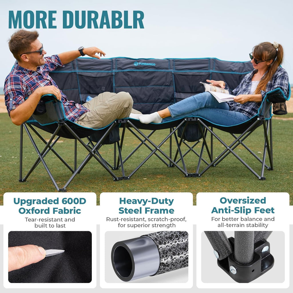 Double Camping Chair Cooler 3-Person Folding Extra Large Camping Chair 1000-Pound Capacity wourant