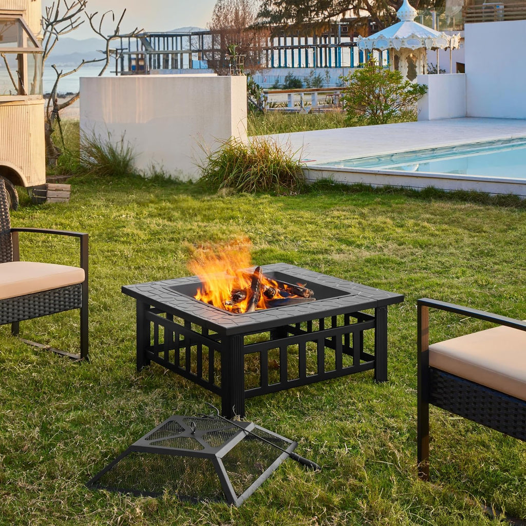 Yaheetech Multifunctional Fire Pit Table 32in Square Metal Firepit Stove Backyard Patio Garden Fireplace for Camping, Outdoor Heating, Bonfire and Picnic wourant