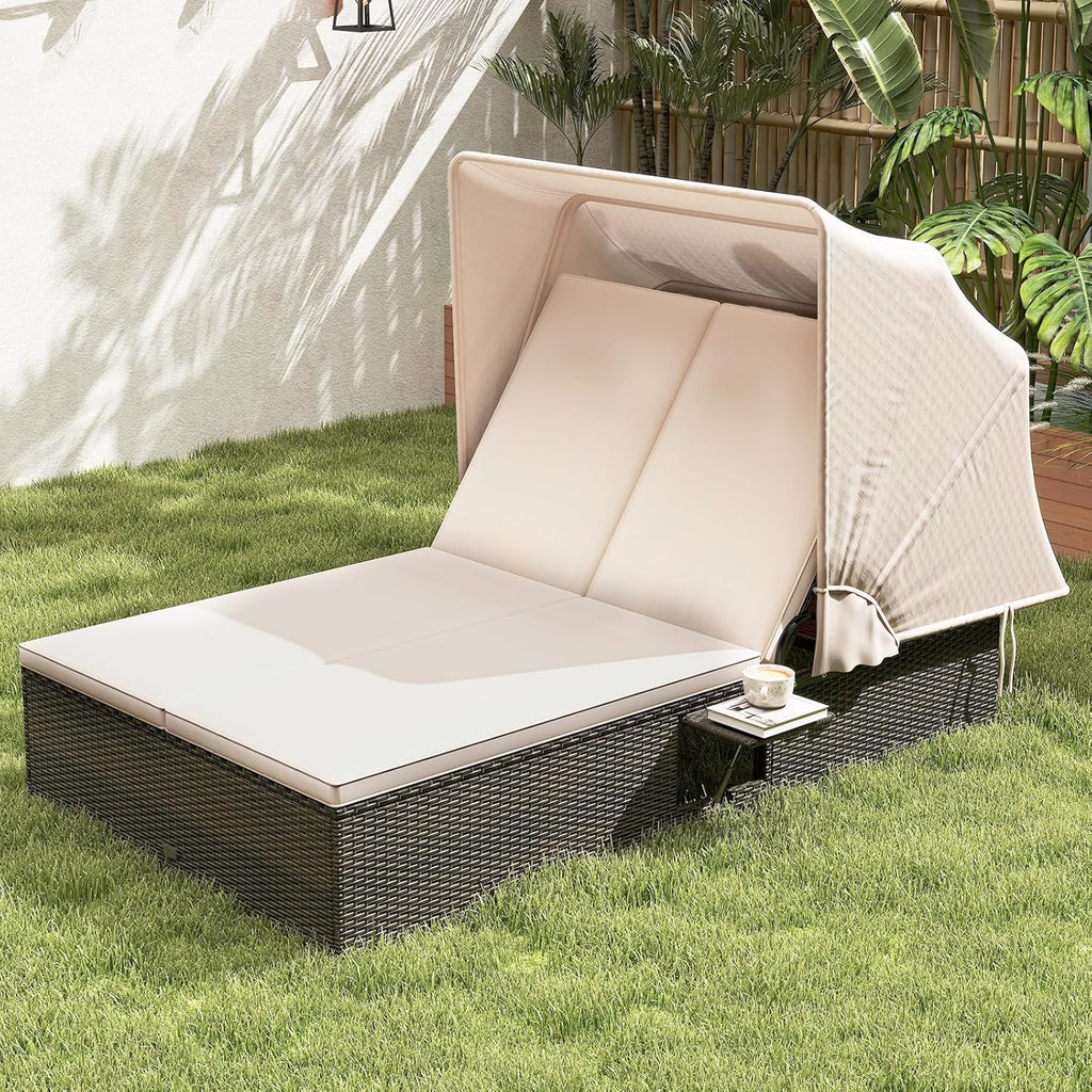 RELAX4LIFE Outdoor Daybed Retractable Canopy Wicker Double Chaise Lounge 6-Position Backrest wourant