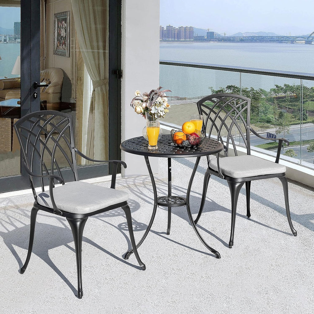 NUU GARDEN Bistro Set 3 Piece Outdoor Cast Aluminum Patio Bistro Set Patio Table and Chairs Set of 2 with Umbrella Hole and Gray Cushions, Black wourant