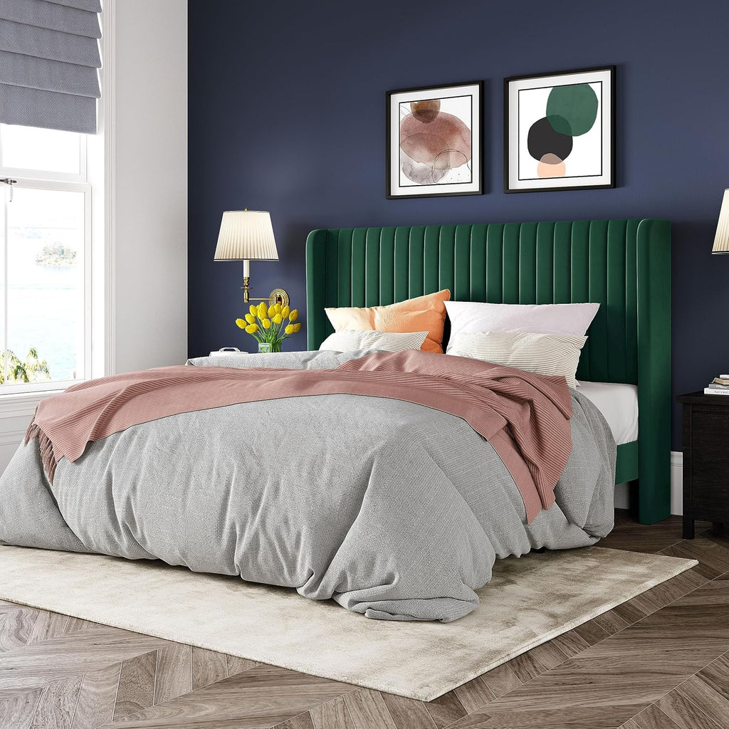 Allewie Full Size Velvet Bed Frame Vertical Channel Tufted Wingback Headboard Upholstered Bed wourant