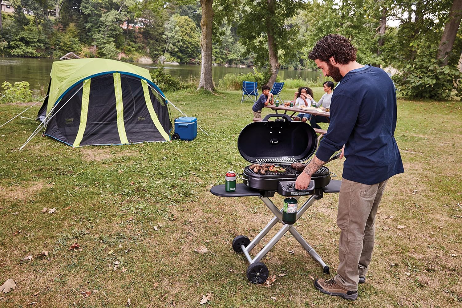 RoadTrip 285 Portable Stand-Up Propane Grill with 3 Adjustable Burners & Instastart Ignition, 20,000 BTUs of Power for Outdoor Cooking, Camping, Tailgating, Grilling, BBQs, & More wourant
