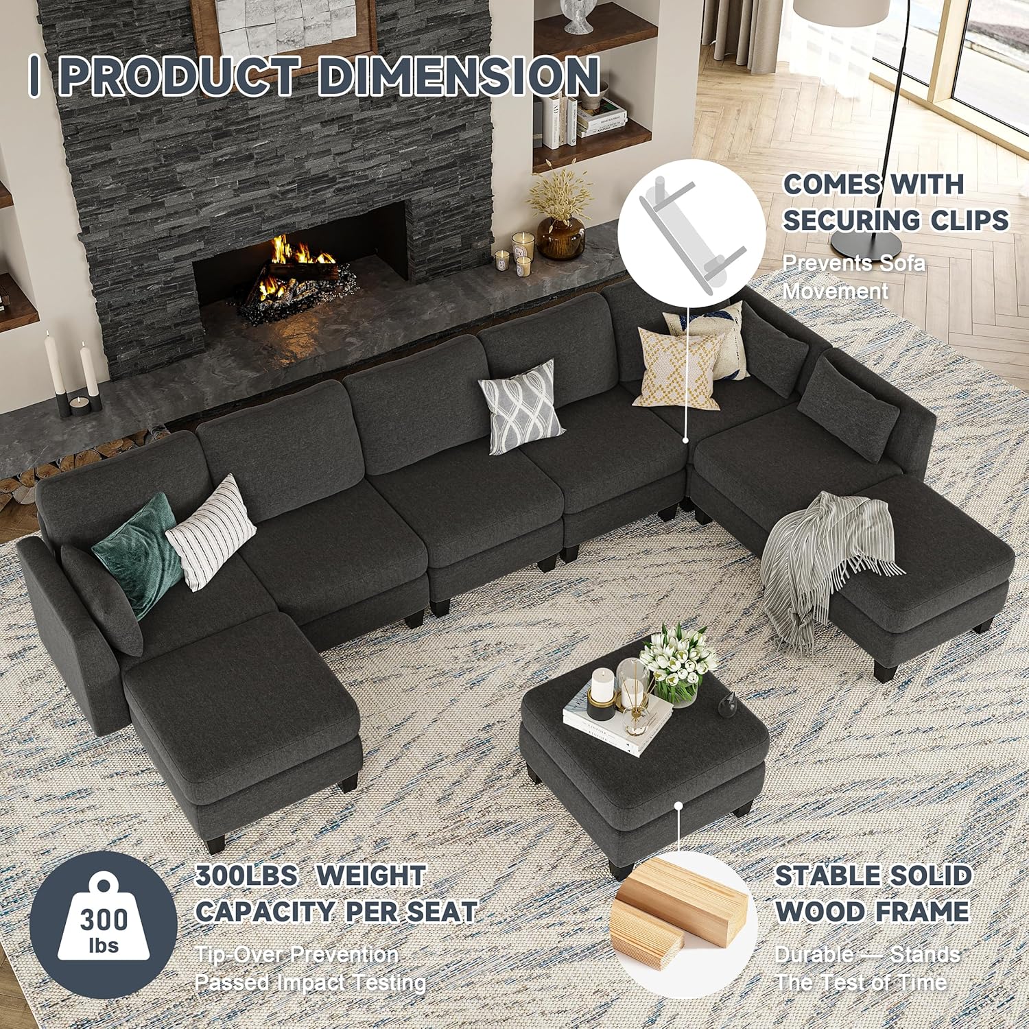 Modular Sectional Sof Convertible U Shaped Sofa Couch with High Density Memory Foam wourant