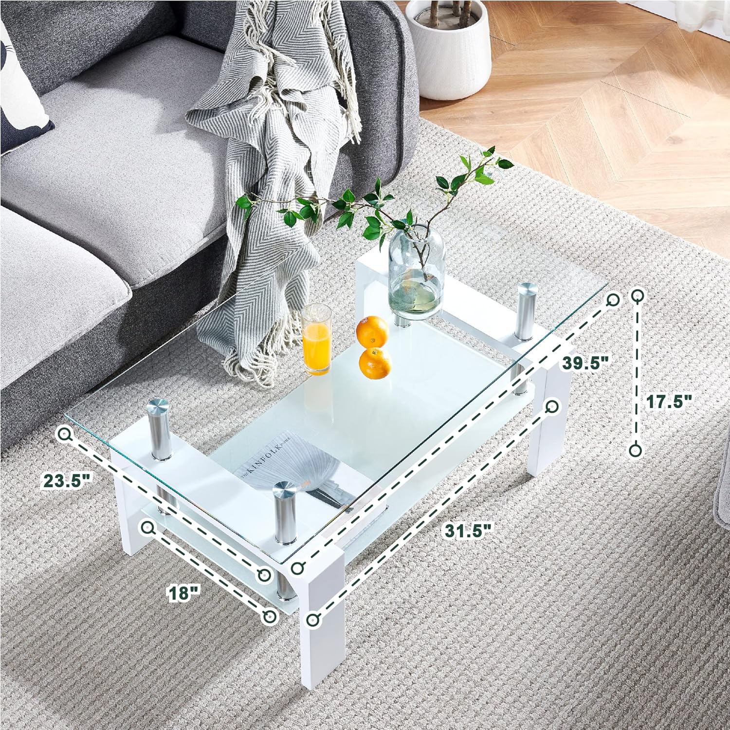 Living Room Rectangle Coffee Table, Tea Table Suitable for Waiting Room, Modern Side Coffee Table with Wooden Leg, Glass Tabletop wourant