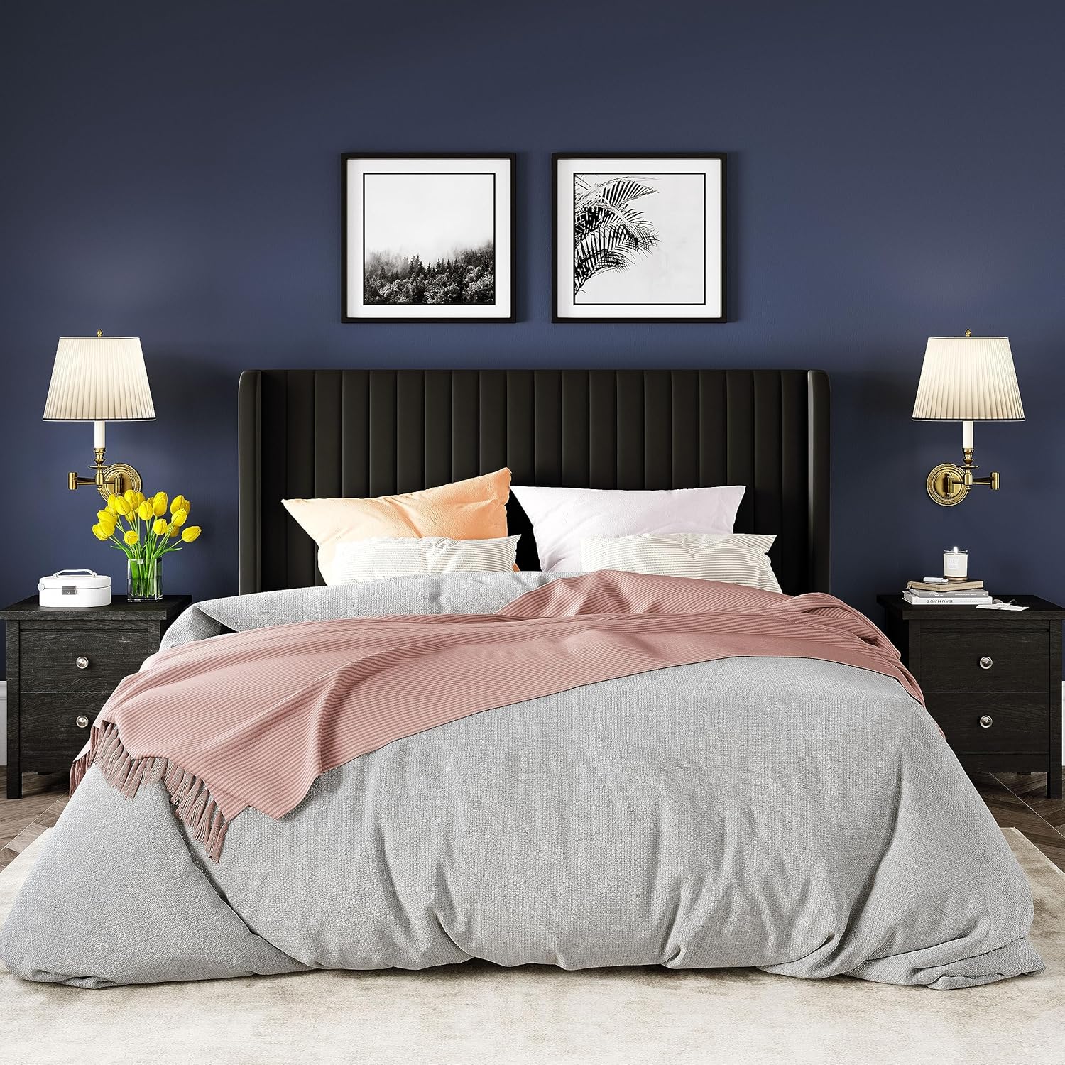 Allewie Full Size Velvet Bed Frame Vertical Channel Tufted Wingback Headboard Upholstered Bed wourant