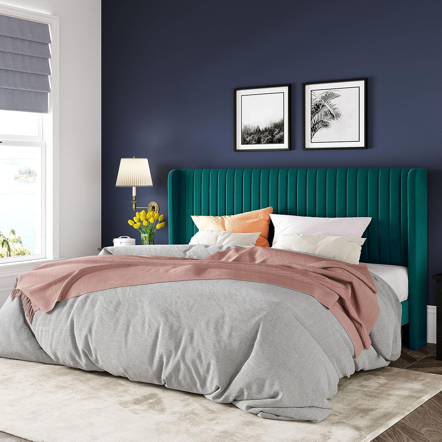 Allewie Full Size Velvet Bed Frame Vertical Channel Tufted Wingback Headboard Upholstered Bed wourant