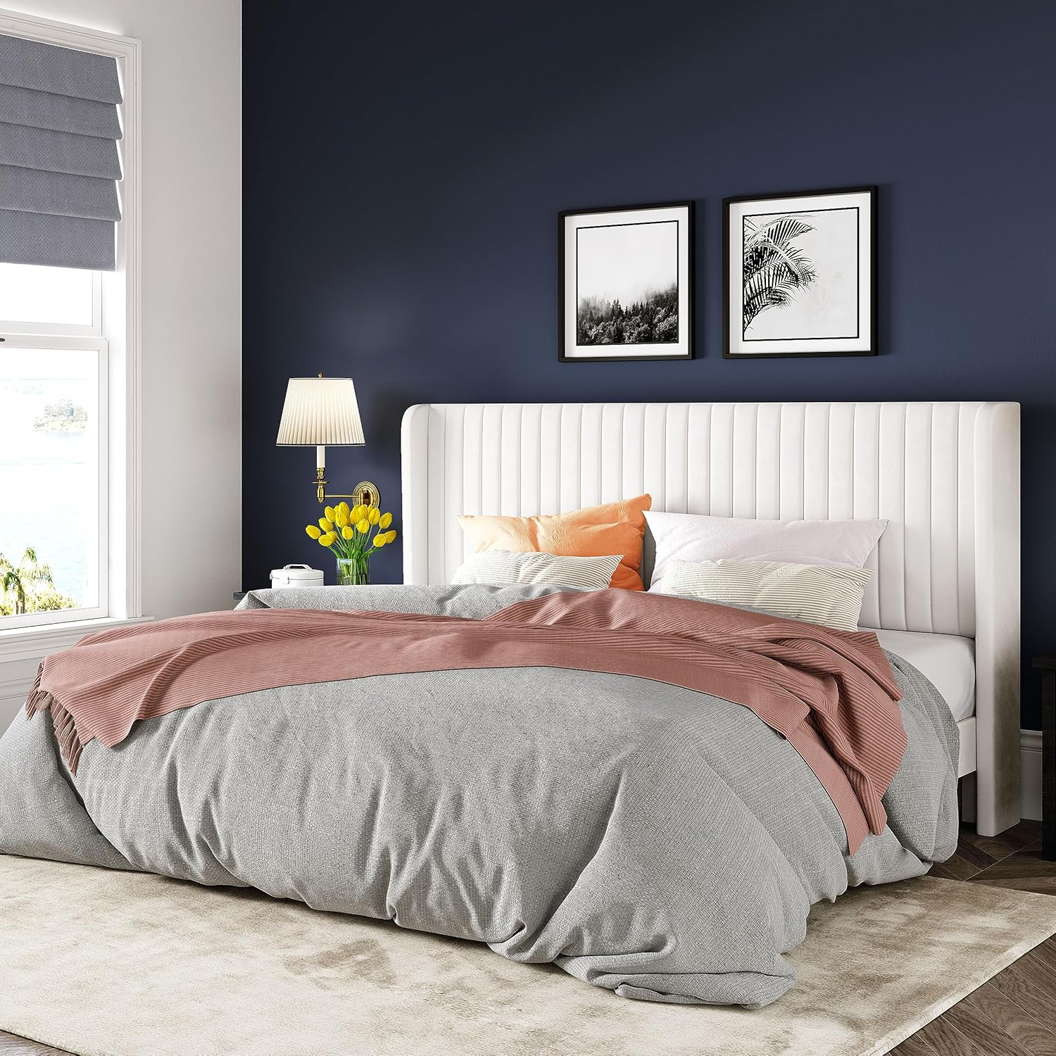 Allewie Full Size Velvet Bed Frame Vertical Channel Tufted Wingback Headboard Upholstered Bed wourant