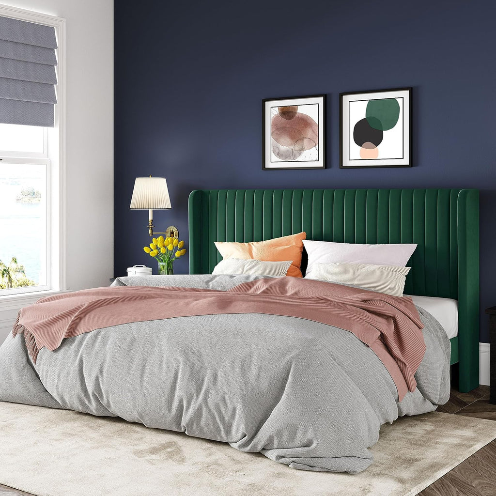 Allewie Full Size Velvet Bed Frame Vertical Channel Tufted Wingback Headboard Upholstered Bed wourant