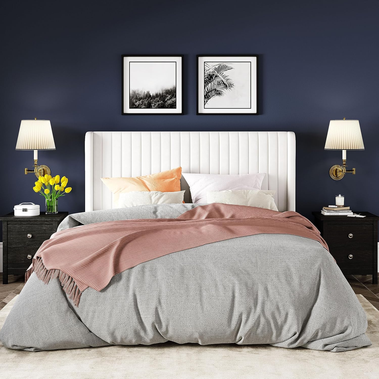 Allewie Full Size Velvet Bed Frame Vertical Channel Tufted Wingback Headboard Upholstered Bed wourant