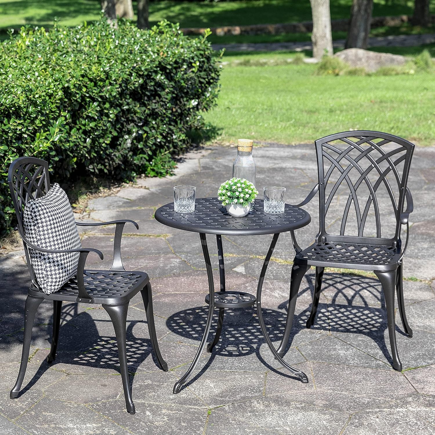 NUU GARDEN Bistro Set 3 Piece Outdoor Cast Aluminum Patio Bistro Set Patio Table and Chairs Set of 2 with Umbrella Hole and Gray Cushions, Black wourant