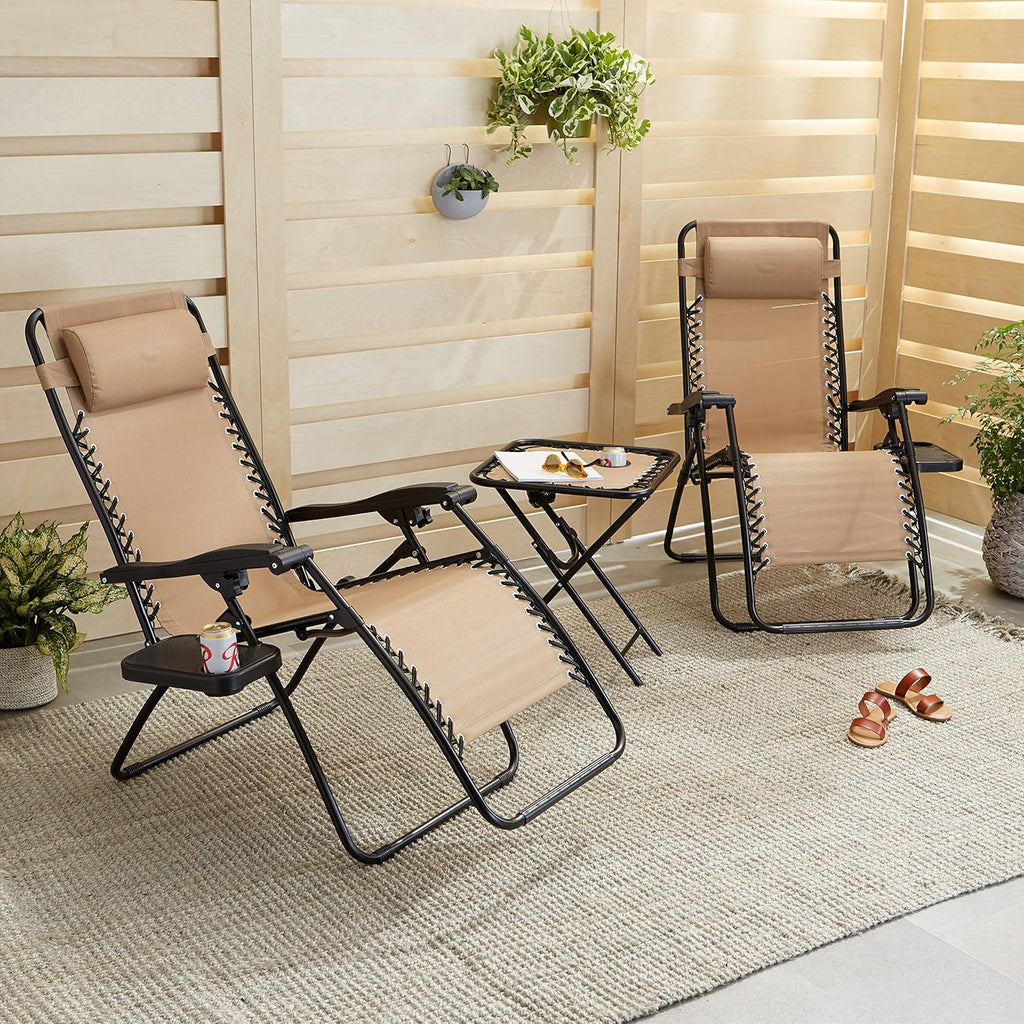 Amazon Basics Outdoor Patio Mesh Adjustable Zero Gravity Lounge Chair Recliners set of 2 with Side Table, 35 x 26 x 43 inches, Beige wourant