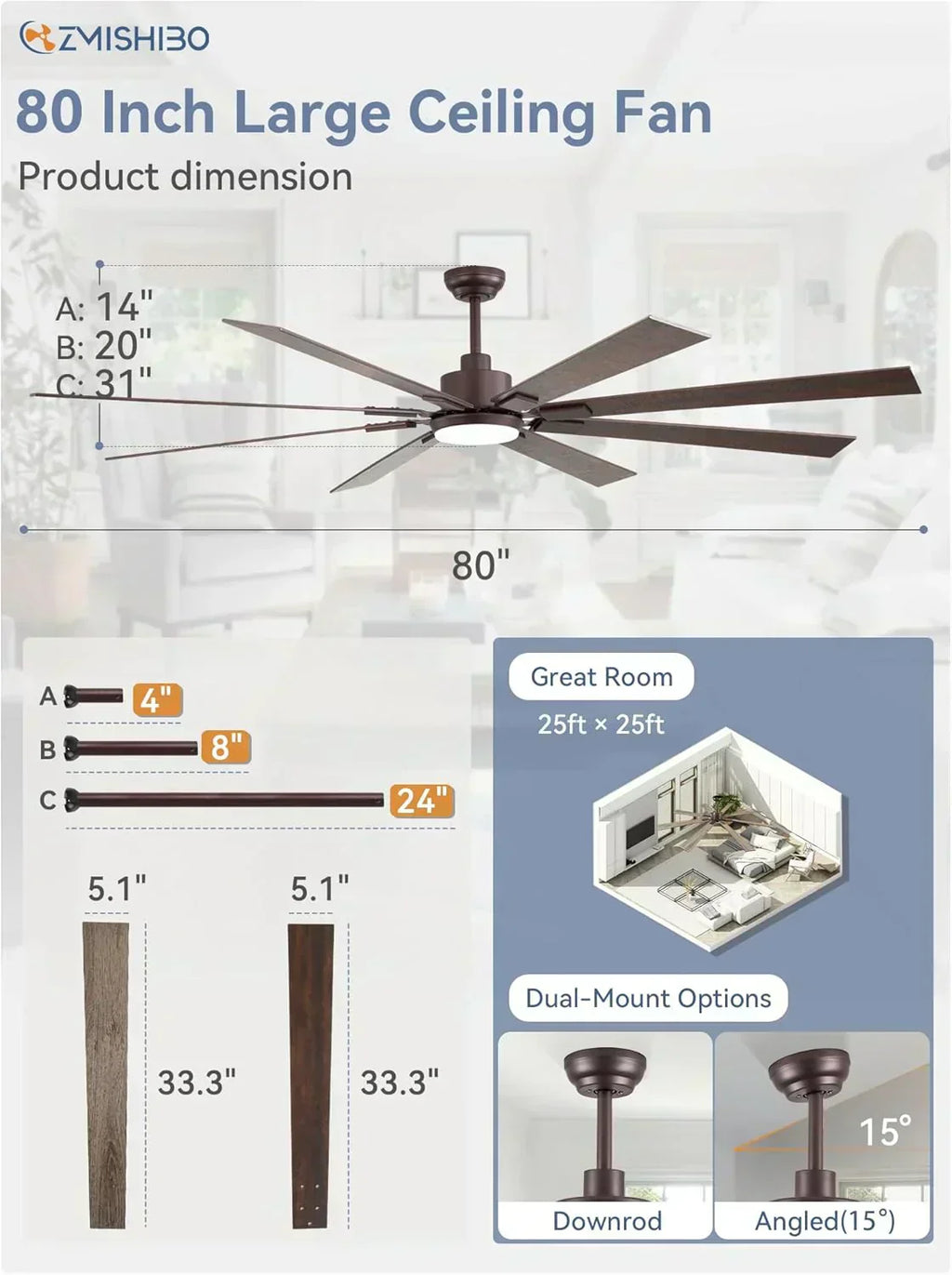 Zmishibo 72-inch large ceiling fan with lighting and remote indoor/outdoor wourant