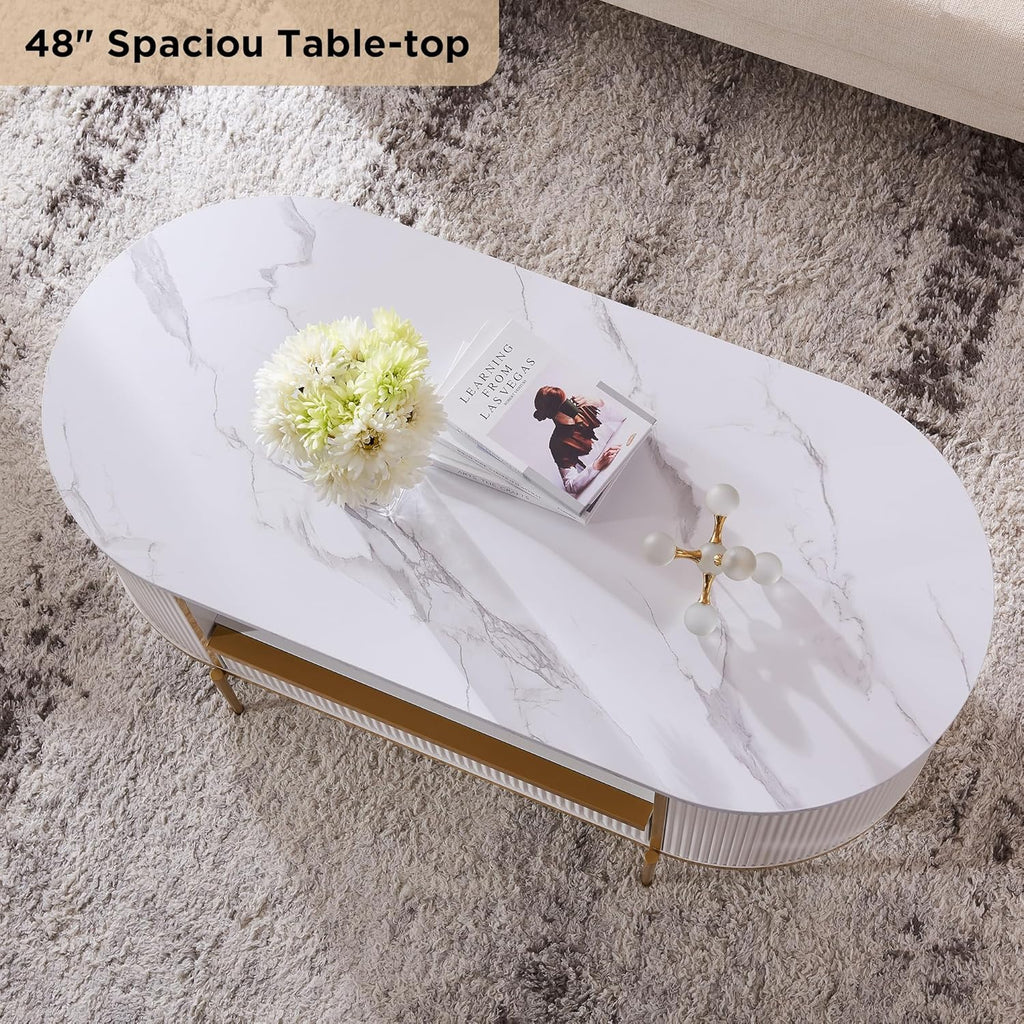 OKD Modern Luxury Grooved Coffee Table 48 Inch Oval Coffee Table Drawers Imitation Marble Top wourant