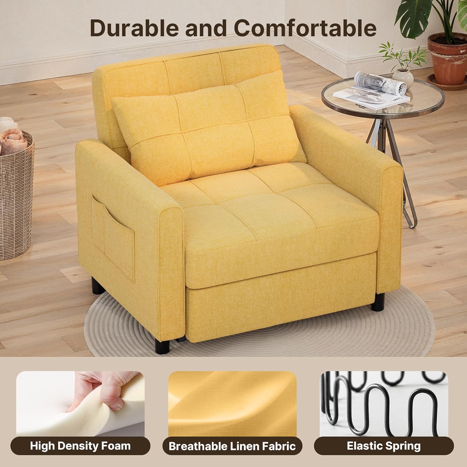 Sofa Bed Chair 3 in 1 Convertible Pullout Single Sleeper Chair Bed Spacious Multifunctional Sofa wourant