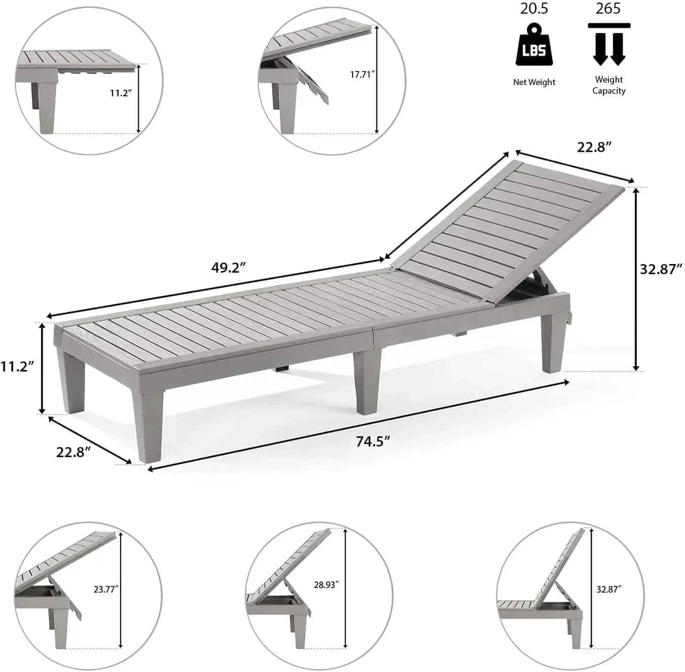 Patio Chairs Black Chaise Lounge Chair Outdoor 5-Position Adjustable Sun Tanning Chair wourant