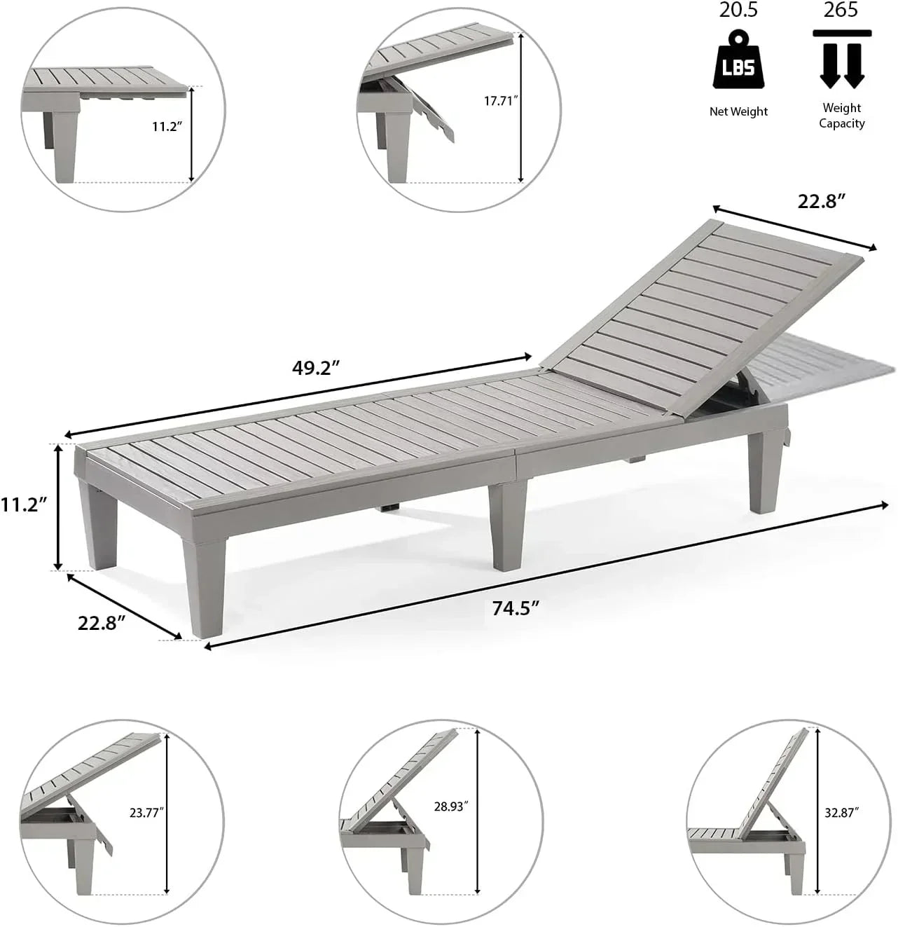 Patio Chairs Black Chaise Lounge Chair Outdoor 5-Position Adjustable Sun Tanning Chair wourant