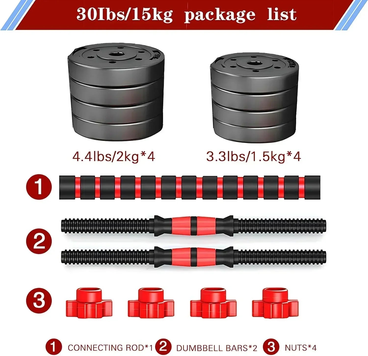 Adjustable dumbbell set, free weight dumbbell pair convertible into barbell wourant