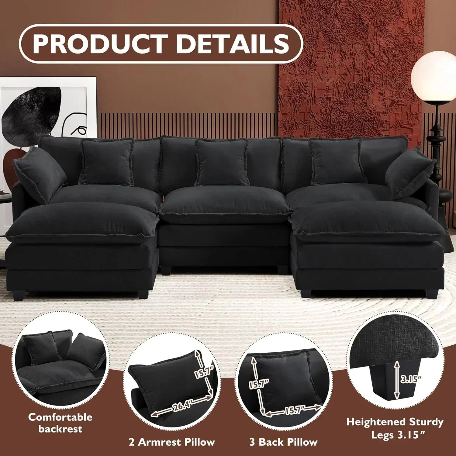 111.4 Inch L Shaped Modern Sofa Modular Cloud Sofa with Ottoman 4 Seater Chenille Deep Seat Sofa wourant