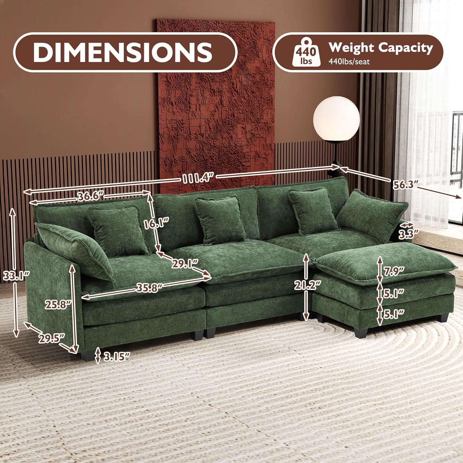 111.4 Inch L Shaped Modern Sofa Modular Cloud Sofa with Ottoman 4 Seater Chenille Deep Seat Sofa wourant