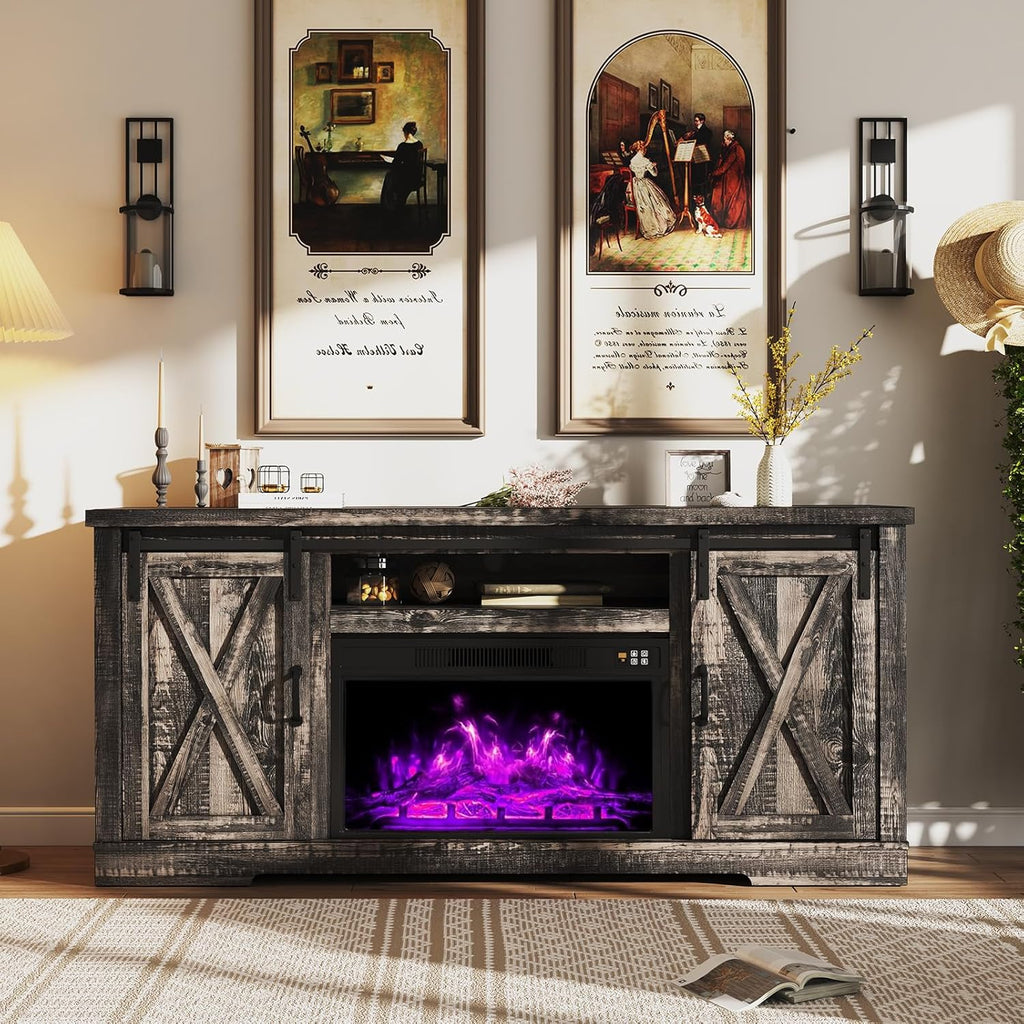 AMERLIFE Fireplace TV Stand with Sliding Barn Door  Farmhouse 63" Fireplace Entertainment Center wourant